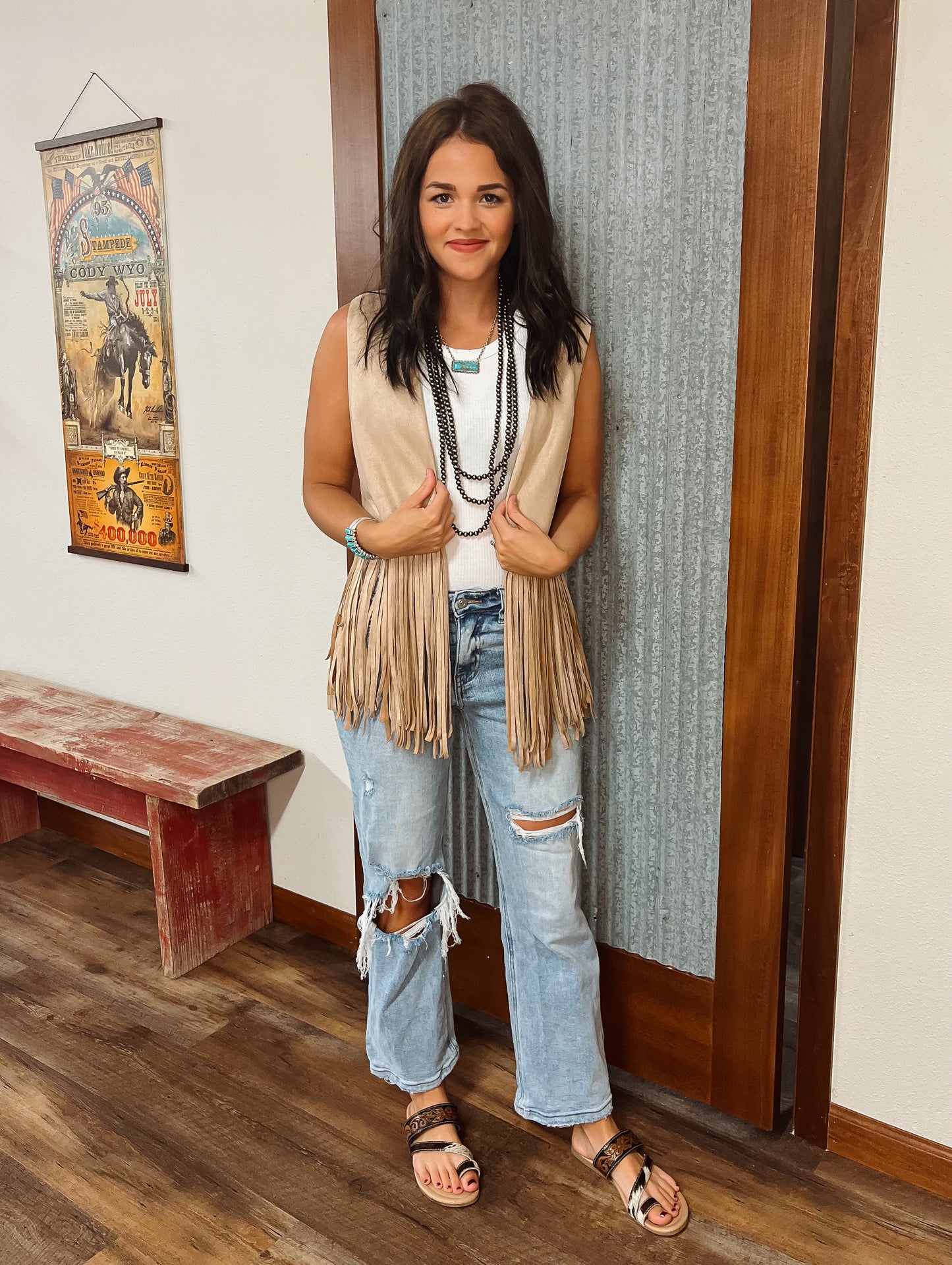 Suede Fringe Vest-Tan