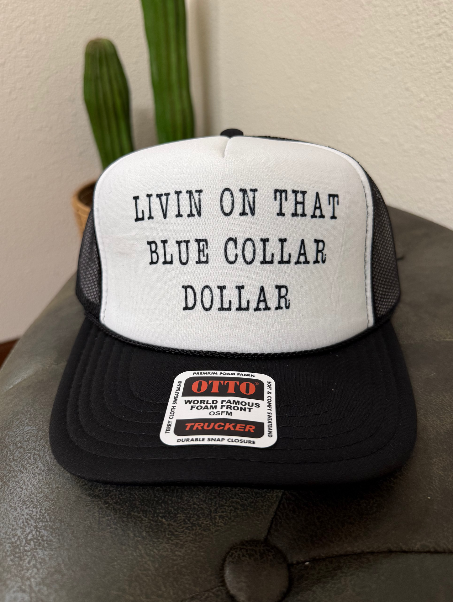 Livin On That Blue Collar Dollar Trucker Hat-black-white