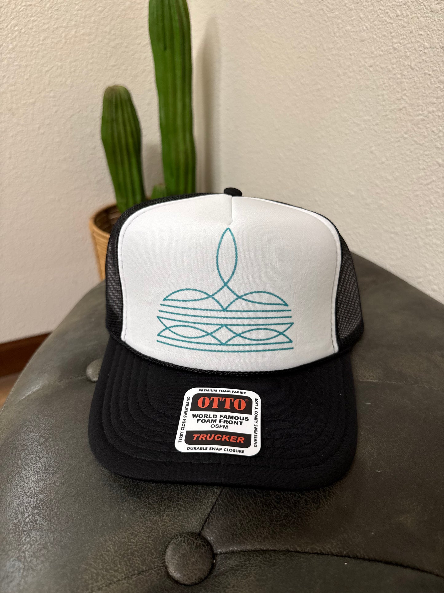 Boot Stitch Trucker Hat: Black/White / Turquoise