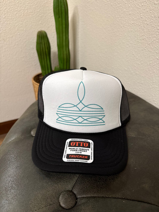 Boot Stitch Trucker Hat: Black/White / Turquoise