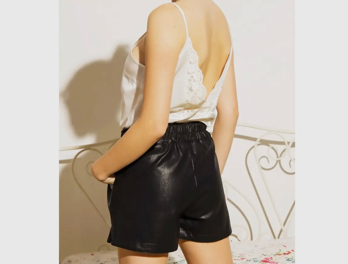 Leather Drawstring Shorts-Black