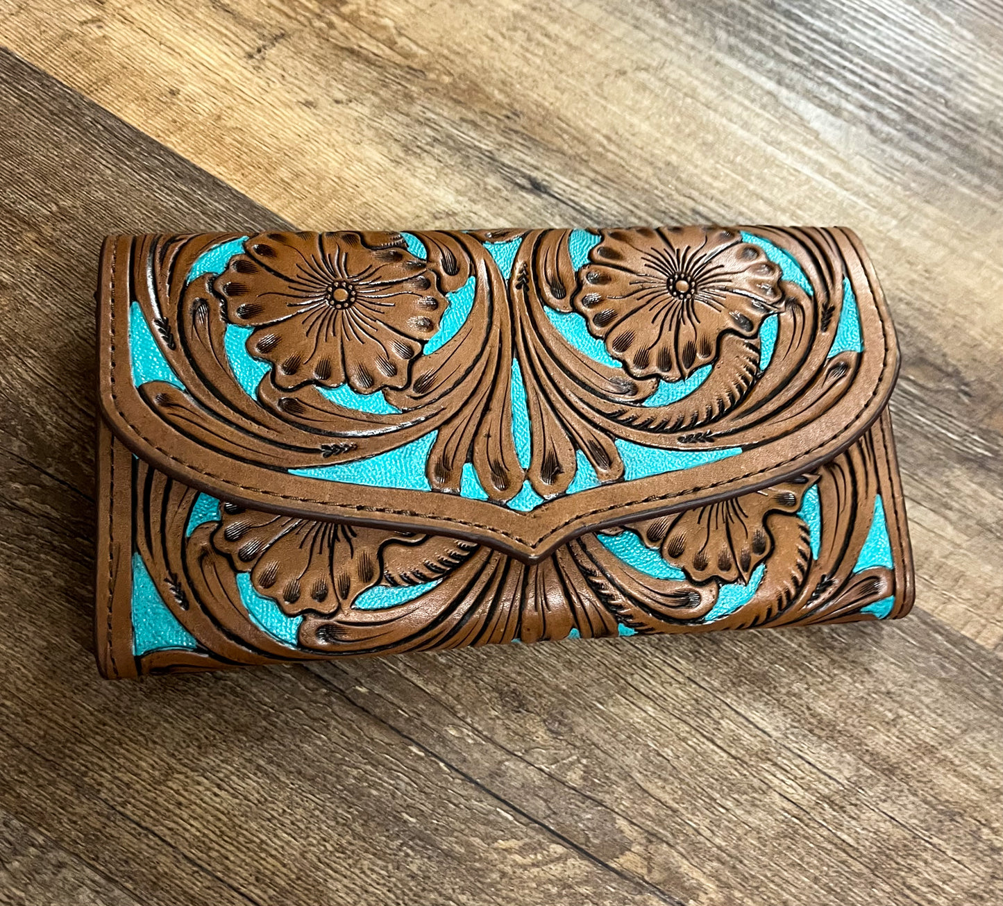 Hand Tooled Leather Wallet-turquoise