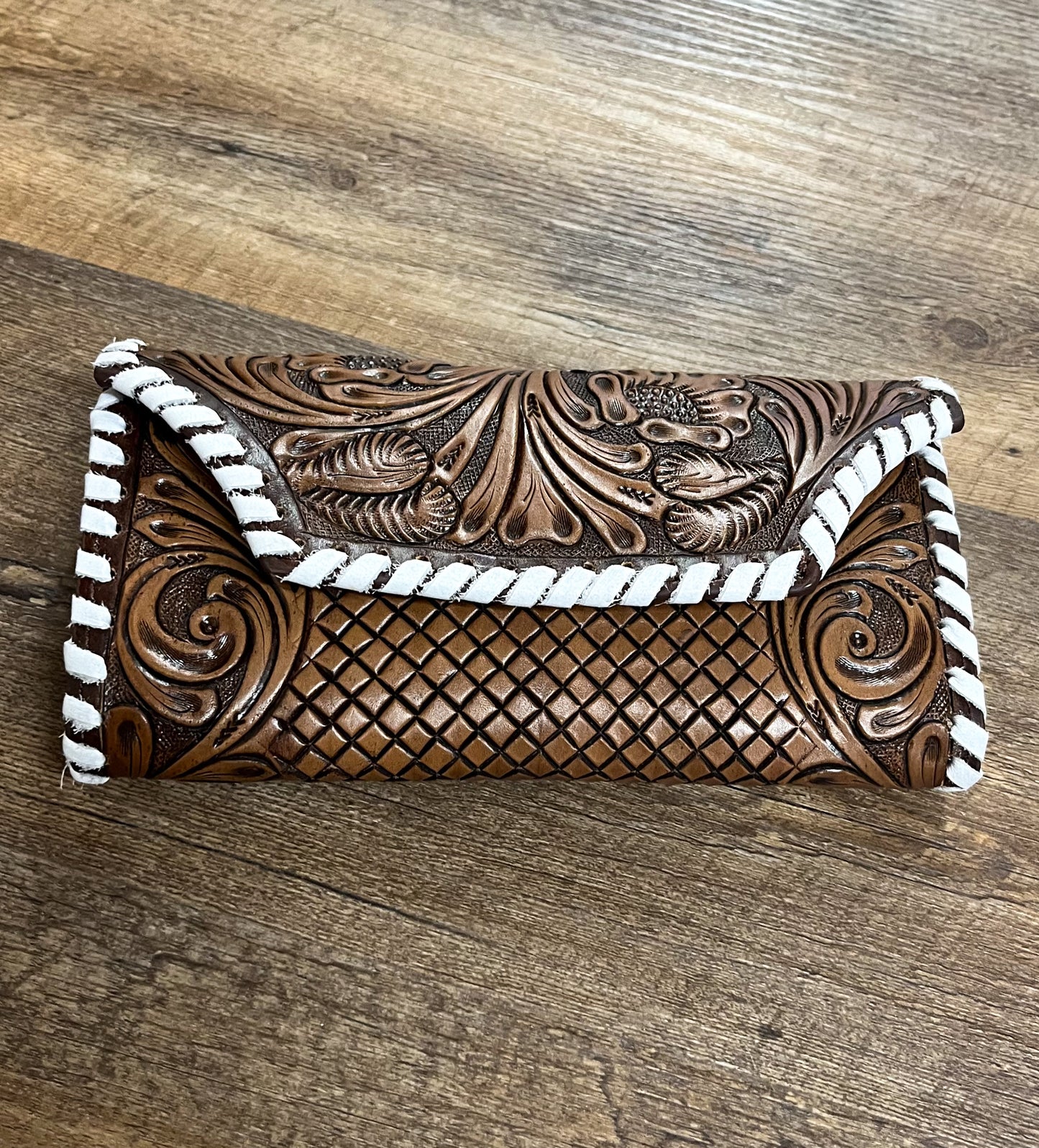 Hand Tooled Leather Wallet-white stitch