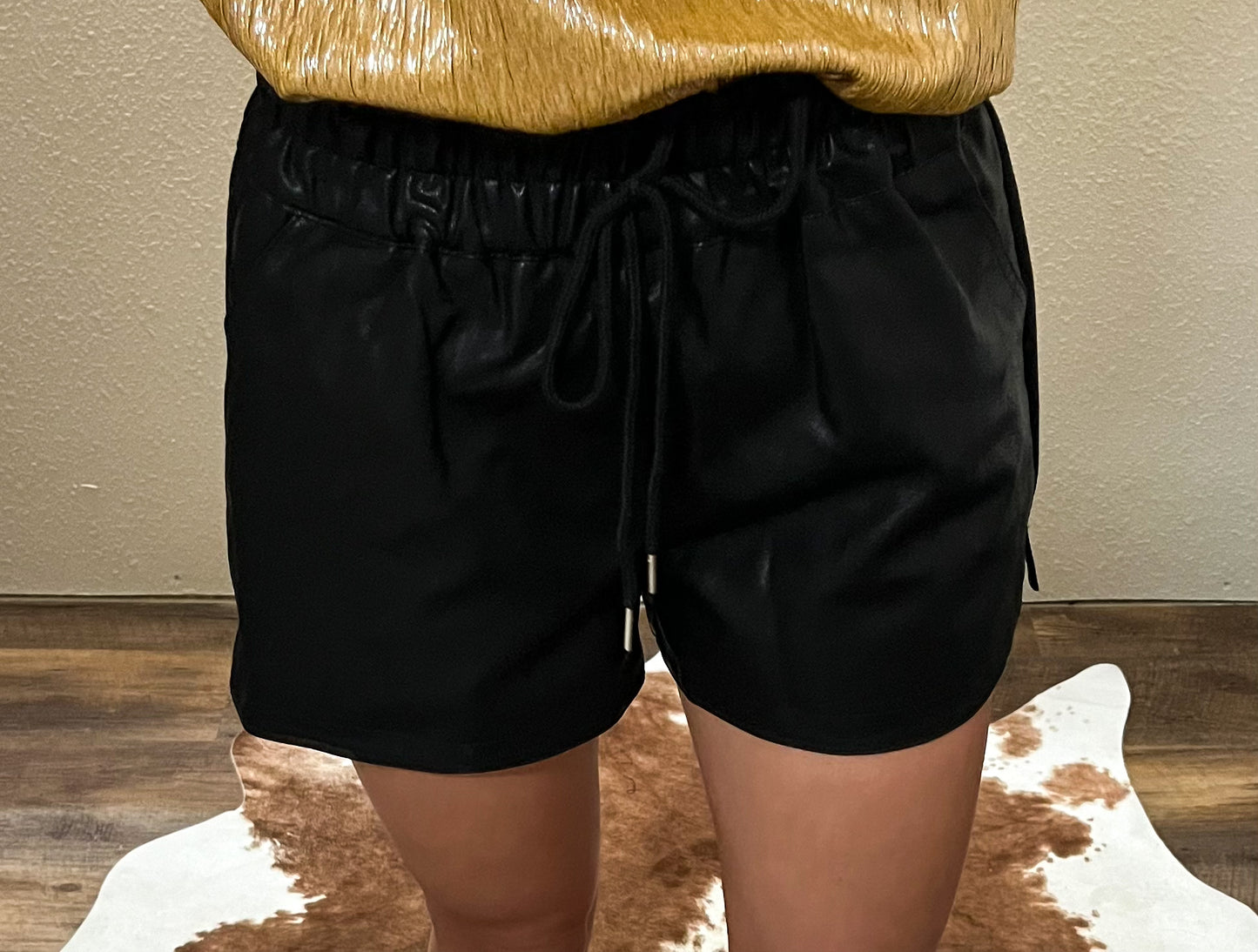 Leather Drawstring Shorts-Black