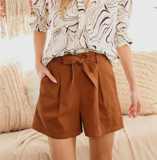 High Waist Tie Shorts-Brown