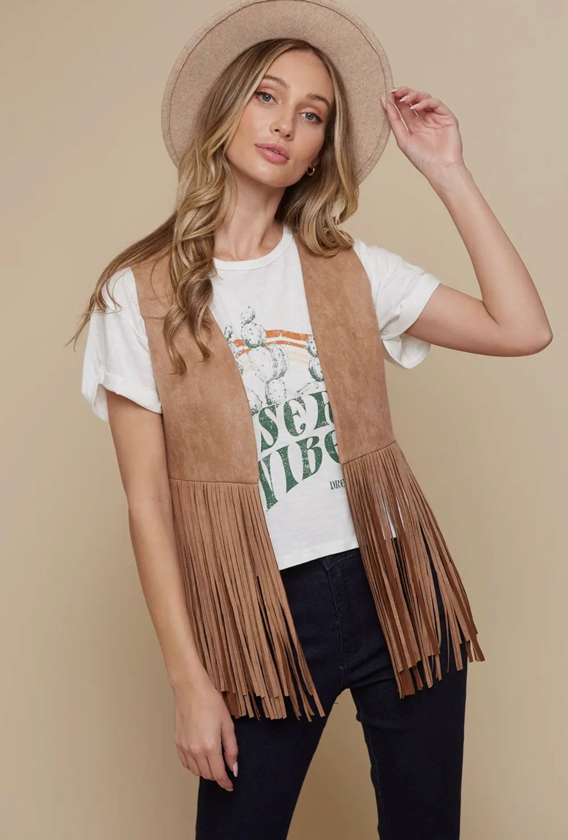 Suede Fringe Vest-Tan