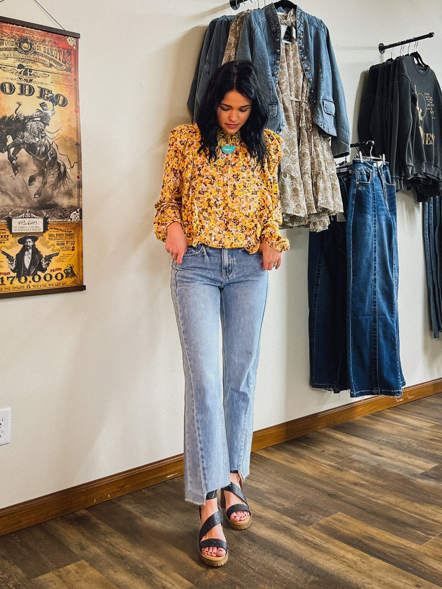 Ruffle Floral Blouse-Mustard