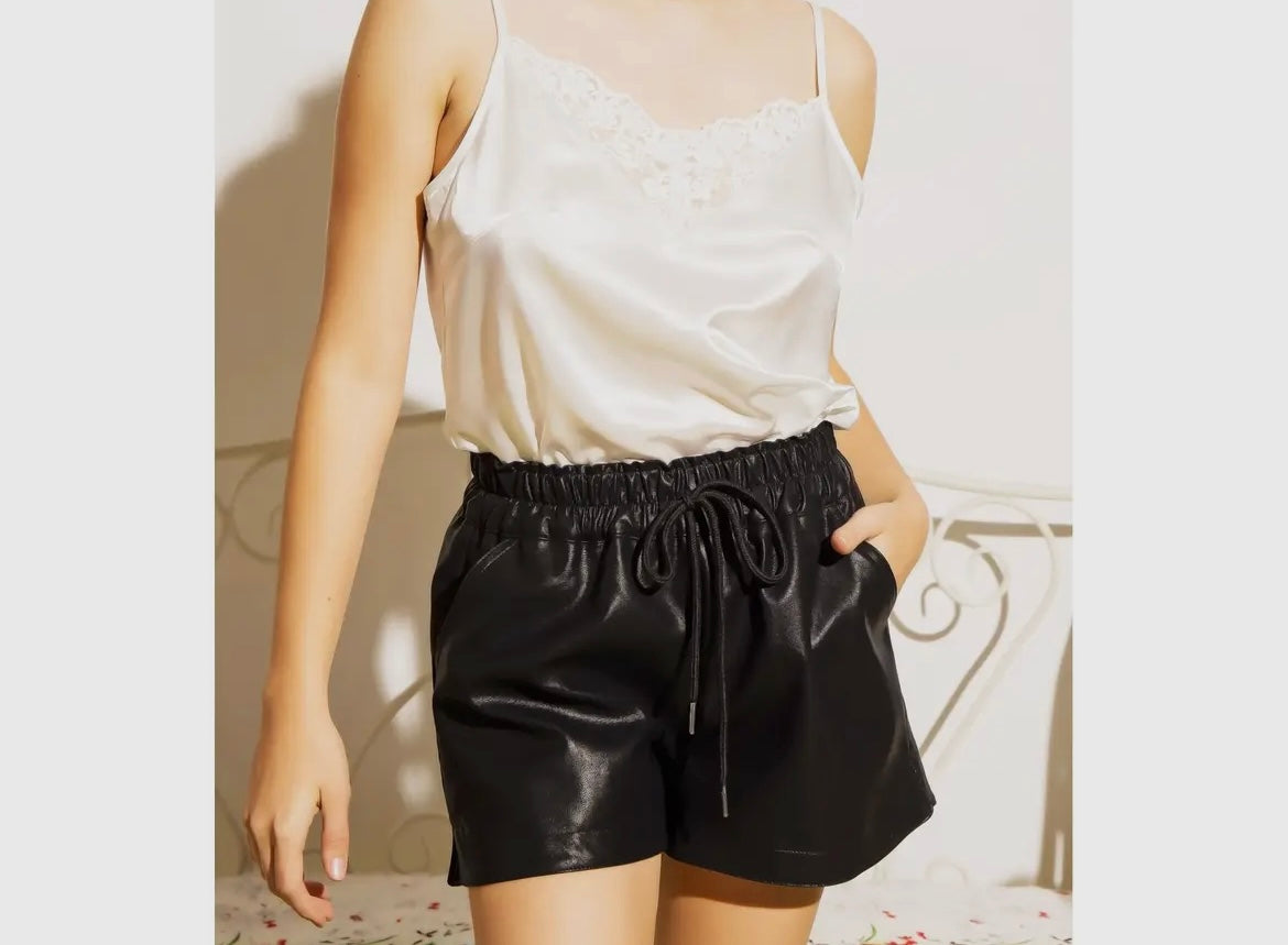 Leather Drawstring Shorts-Black