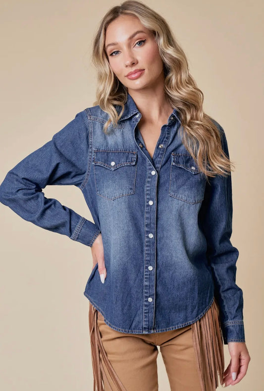 Denim Pearl Snap Top-Dk Wash