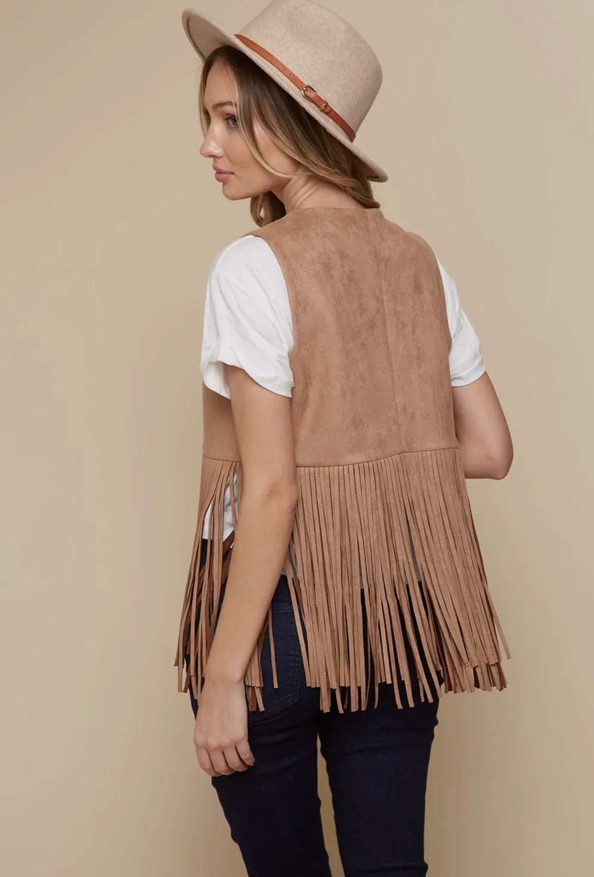 Suede Fringe Vest-Tan