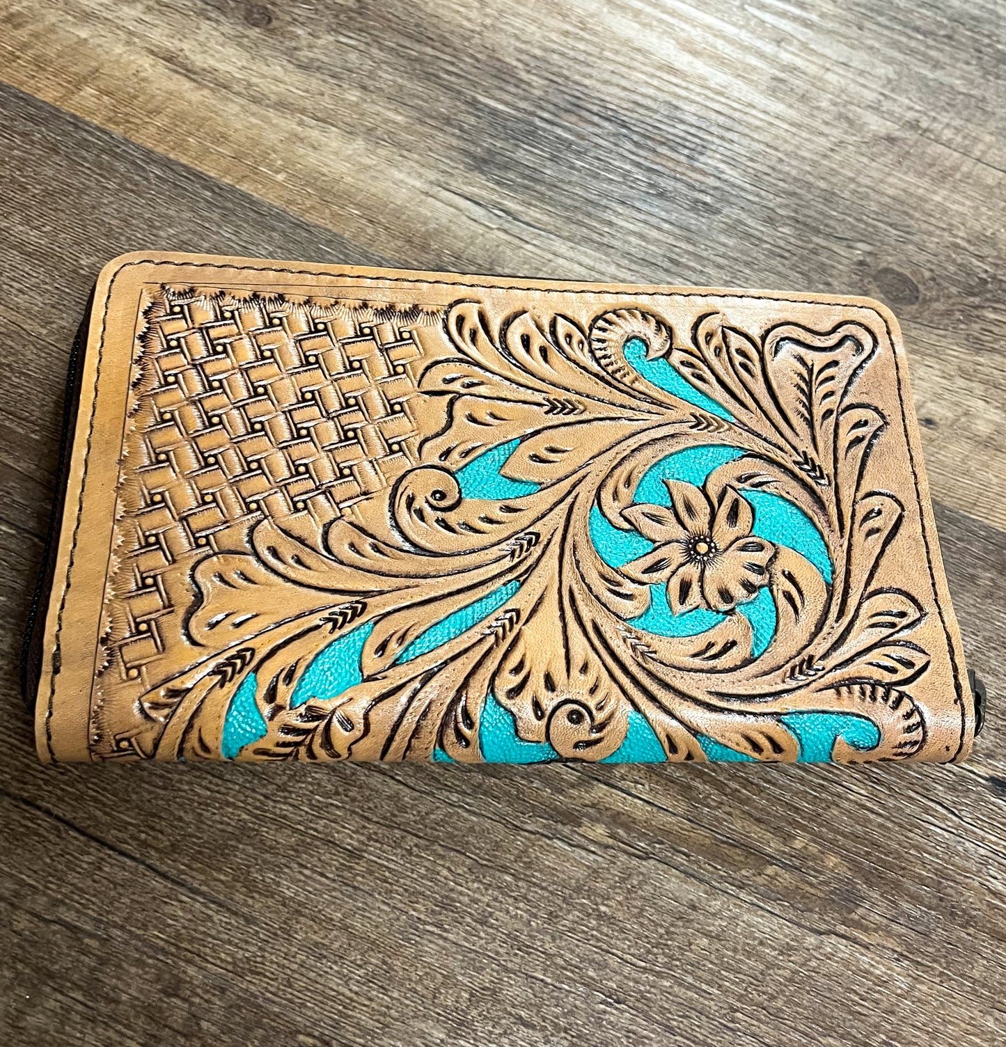 Hand Tooled Leather Wallet-turquoise zipper