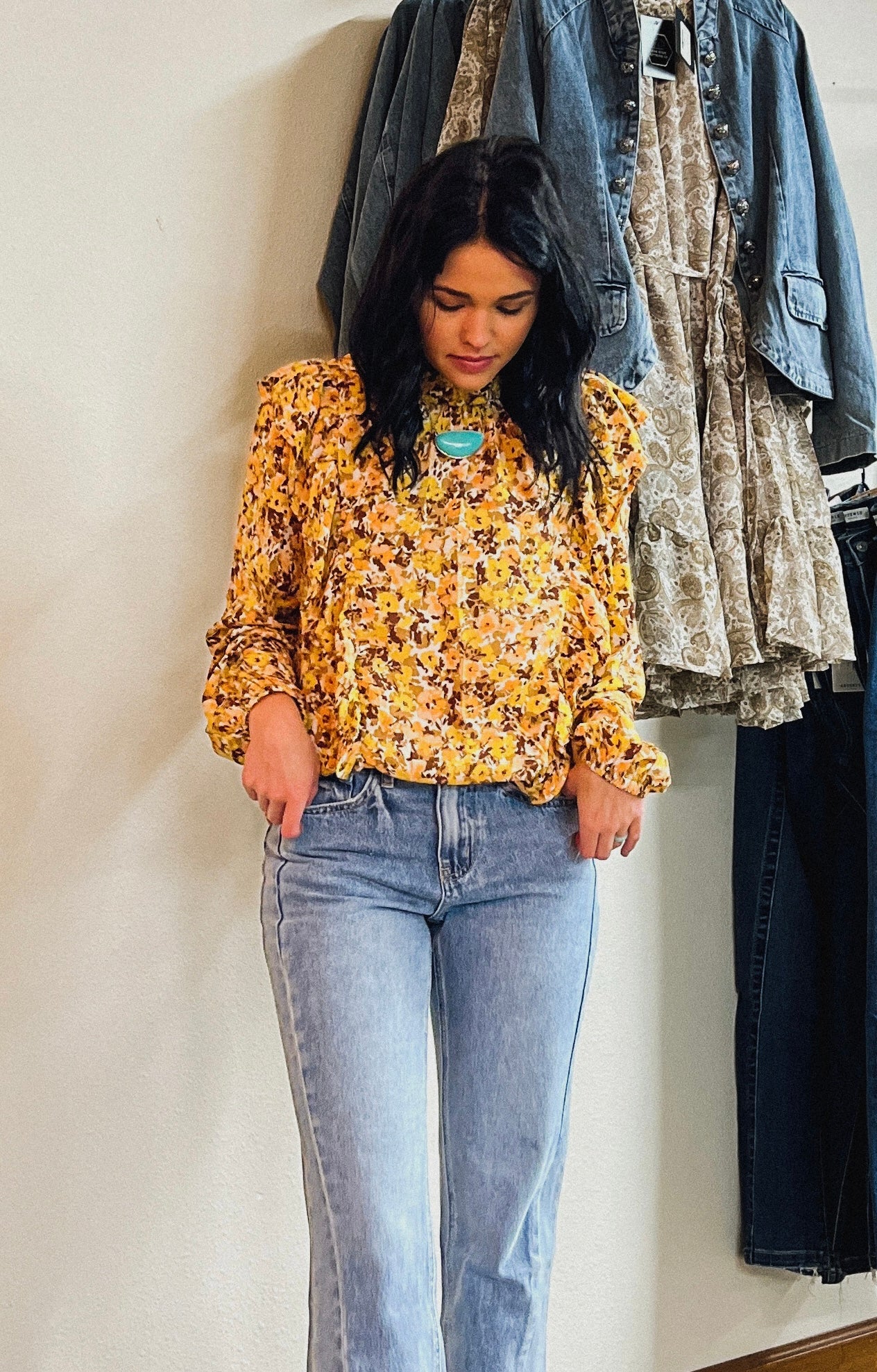 Ruffle Floral Blouse-Mustard