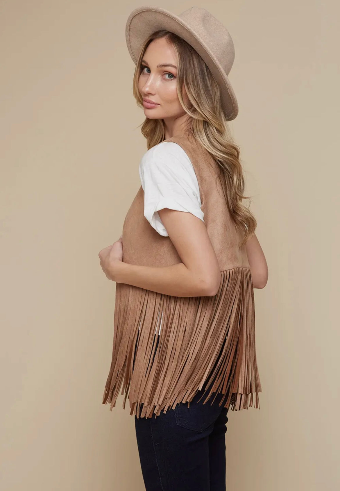 Suede Fringe Vest-Tan