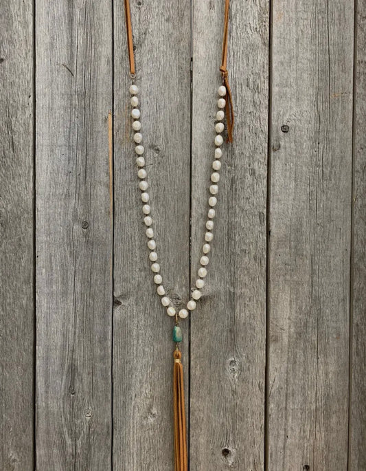 Pearl, Turquoise, Leather Tassel Necklace