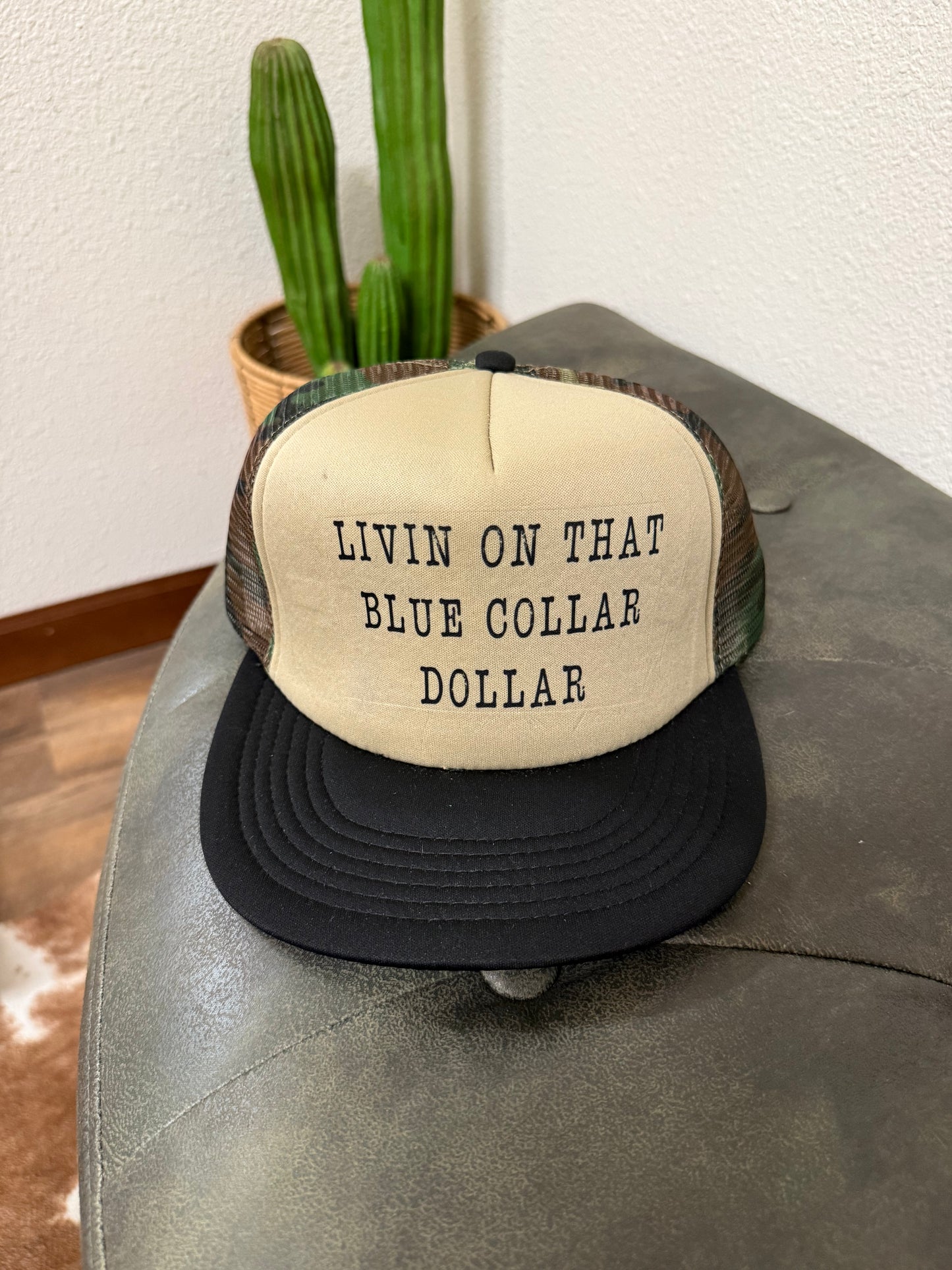 Livin On That Blue Collar Dollar Trucker Hat-Camo